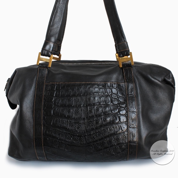 Gucci Duffle Bag Black Crocodile and Kid Leather Large Hobo Vintage 1984 + COA - Picture 9 of 17